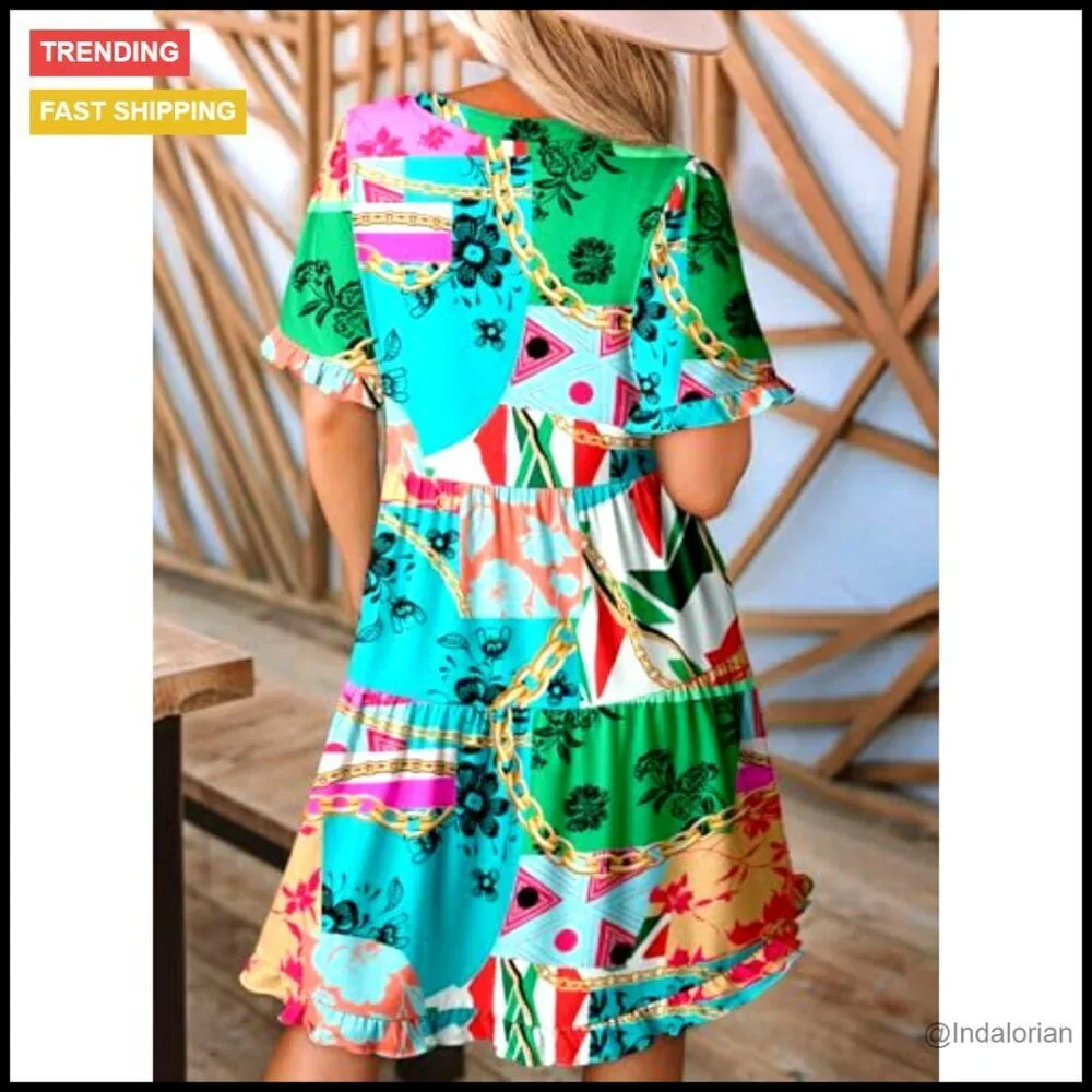 V Neck Short Sleeve Tiered Ruffle Skater Dress Casual Summer Swing Tunic